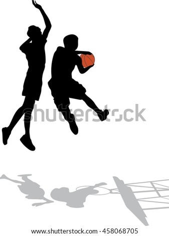 Two black silhouettes of men playing basketball with color ball on white background, shadow basketball hoop