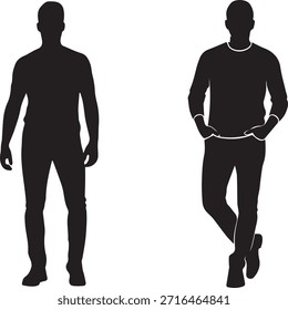 Dos Siluetas Negras De Hombres De Pie En Posturas Casuales Aisladas Sobre Un Fondo Blanco
