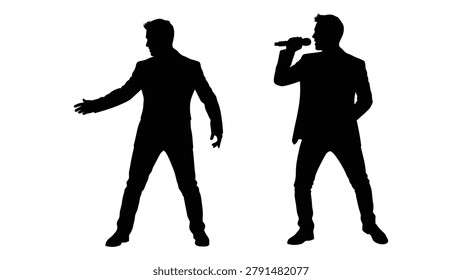 Two black silhouettes of men in suits are shown, one gesturing and the other holding a microphone against a white background.