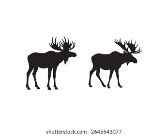 Two black silhouettes of moose are displayed against a clean white background. 