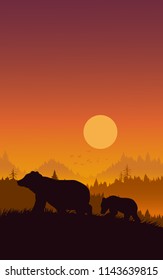 Two black silhouettes on a hillside, the backdrop is a pine forest, a mountain sunset.