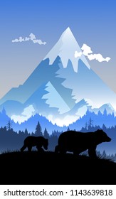 Two black silhouettes on a hillside, a pine forest and a mountain.