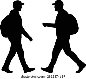 Two black silhouettes of people walking toward each other, both wearing caps, backpacks, long pants, and shoes. One figure points a finger toward the other, suggesting interaction or conversation. Minimalistic design emphasizes motion, communication, and everyday activity, ideal for lifestyle, design, and conceptual visuals.