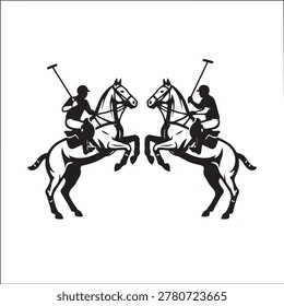 Two black silhouettes of polo players on rearing horses, facing each other with mallets, depicted in a graphic, emblem-like style.
