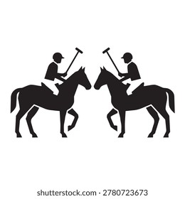 Two black silhouettes of polo players on horseback, holding mallets, facing each other in a mirrored composition, against a plain white background.
