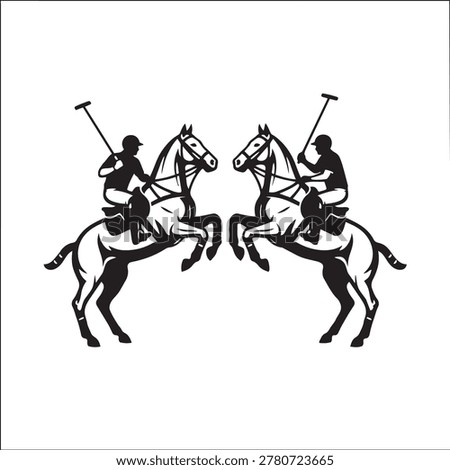 Two black silhouettes of polo players on rearing horses, facing each other with mallets, depicted in a graphic, emblem-like style.