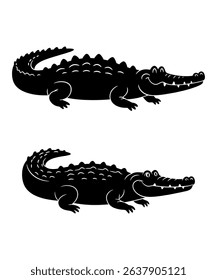 Two black silhouettes of smiling crocodiles, one above the other, on a white background