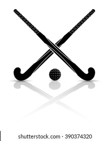 Two black silhouettes sticks for field hockey and ball on a white background with reflection. Vector illustration.