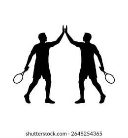 Duas silhuetas pretas de jogadores de tênis de alta-cinco contra um fundo branco. A ilustração vetorial mostra os jogadores segurando raquetes. Estilo simples e arrojado.