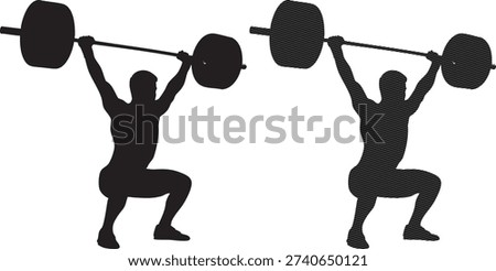 Two black silhouettes of weightlifters lifting barbells