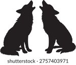Two black silhouettes of wolves howling, isolated on a white background. Wildlife and nature concept.