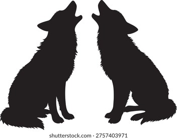 Two black silhouettes of wolves howling, isolated on a white background. Wildlife and nature concept.