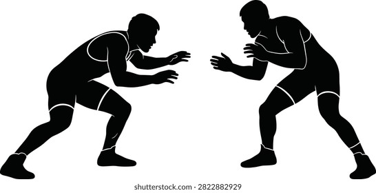 Two black silhouettes of wrestlers in fighting pose, illustrating combat sports and competition.