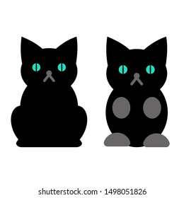 Two black sitting cats with green eyes