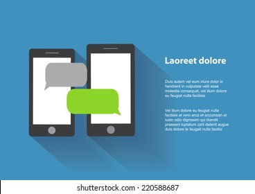 Two black smartphones with blank speech bubbles on the screen. Text messaging flat design concept. Eps 10 vector illustration