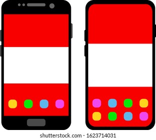 Two black smartphones with a home screen and wallpaper with the flag of Austria: old model with gray buttons and new model without buttons. Vector graphics, illustration