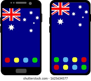 Two black smartphones with a home screen and wallpaper with the flag of Australia: old model with gray buttons and new model without buttons. Vector graphics, illustration