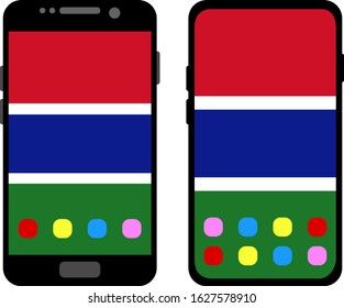 Two black smartphones with a home screen and wallpaper with the flag of The Gambia: old model with gray buttons and new model without buttons. Vector graphics, illustration