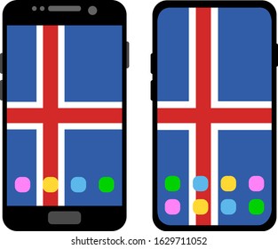 Two black smartphones with a home screen and wallpaper with the flag of Iceland: old model with gray buttons and new model without buttons. Vector graphics, illustration