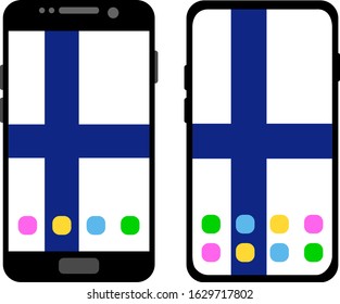 Two black smartphones with a home screen and wallpaper with the flag of Finland: old model with gray buttons and new model without buttons. Vector graphics, illustration