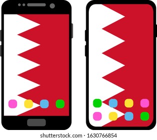 Two black smartphones with a home screen and wallpaper with the flag of Bahrain: old model with gray buttons and new model without buttons. Vector graphics, illustration