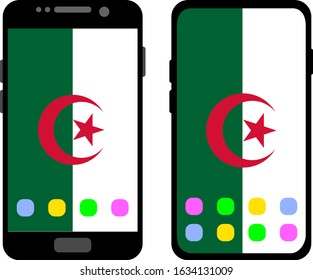 Two black smartphones with a home screen and wallpaper with the flag of Algeria: old model with gray buttons and new model without buttons. Vector graphics, illustration