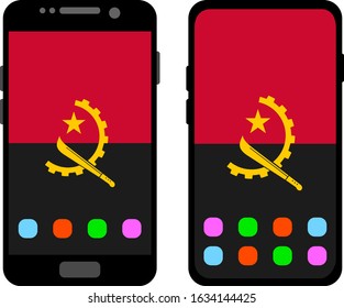 Two black smartphones with a home screen and wallpaper with the flag of Angola: old model with gray buttons and new model without buttons. Vector graphics, illustration
