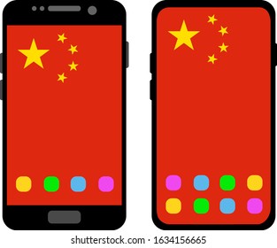 Two black smartphones with a home screen and wallpaper with the flag of China: old model with gray buttons and new model without buttons. Vector graphics, illustration