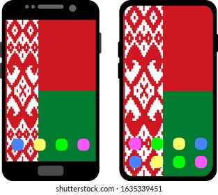 Two black smartphones with a home screen and wallpaper with the flag of Belarus: old model with gray buttons and new model without buttons. Vector graphics, illustration