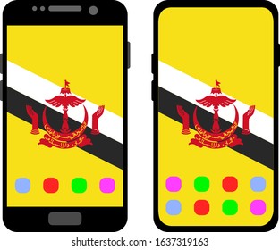 Two black smartphones with a home screen and wallpaper with the flag of Brunei: old model with gray buttons and new model without buttons. Vector graphics, illustration