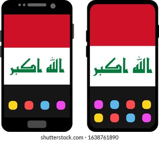 Two black smartphones with a home screen and wallpaper with the flag of Iraq: old model with gray buttons and new model without buttons. Vector graphics, illustration