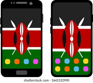 Two black smartphones with a home screen and wallpaper with the flag of Kenya: old model with gray buttons and new model without buttons. Vector graphics, illustration