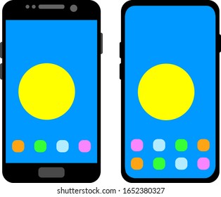 Two black smartphones with a home screen and wallpaper with the flag of Palau: old model with gray buttons and new model without buttons. Vector graphics, illustration