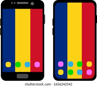 Two black smartphones with a home screen and wallpaper with the flag of Romania: old model with gray buttons and new model without buttons. Vector graphics, illustration