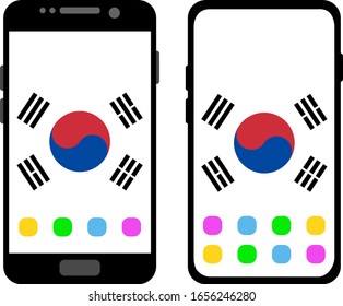 Two black smartphones with a home screen and wallpaper with the flag of South Korea: old model with gray buttons and new model without buttons. Vector graphics, illustration
