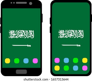Two black smartphones with a home screen and wallpaper with the flag of Saudi Arabia: old model with gray buttons and new model without buttons. Vector graphics, illustration