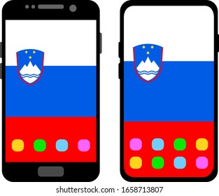 Two black smartphones with a home screen and wallpaper with the flag of Slovenia: old model with gray buttons and new model without buttons. Vector graphics, illustration
