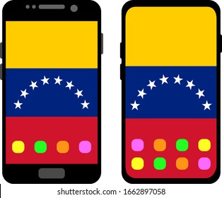 Two black smartphones with a home screen and wallpaper with the flag of Venezuela: old model with gray buttons and new model without buttons. Vector graphics, illustration