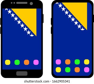 Dos smartphones negros con pantalla de casa y papel tapiz con la bandera de Bosnia y Herzegovina teléfono: modelo antiguo con botones grises y modelo nuevo sin botones. Gráficos vectoriales, ilustración