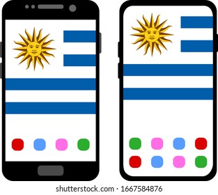 Two black smartphones with a home screen and wallpaper with the flag of Uruguay: old model with gray buttons and new model without buttons. Vector graphics, illustration