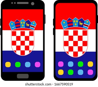 Two black smartphones with a home screen and wallpaper with the flag of Croatia: old model with gray buttons and new model without buttons. Vector graphics, illustration