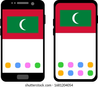 Two black smartphones with a home screen and wallpaper with the flag of Maldives: old model with gray buttons and new model without buttons. Vector graphics, illustration