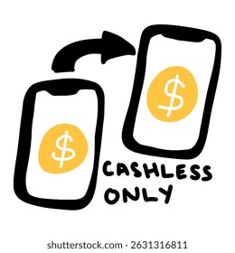 Dois smartphones pretos com ícones de sinal de dólar amarelo são conectados por uma seta curva, indicando uma transferência de dinheiro digital. O texto "Somente sem caixa" está abaixo.