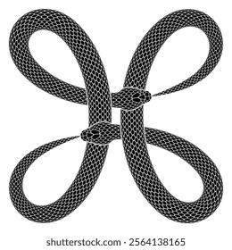 Two black snakes bites tails in form of bowen knot sign or command key symbol. Cross shaped ouroboros symbol illustration. Vector serpent tattoo design isolated on white background.