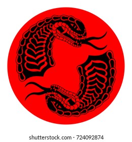 Two black snake's heads in red circle.
