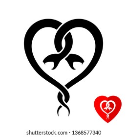 Two black snakes hug each other in a shape of heart tattoo. Love theme logo.