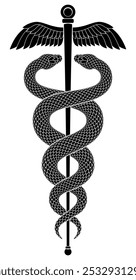 Two black snakes winding around winged staff in shape of Caduceus sign. Tattoo design of serpents and wand with two winglets joined as symbol of commerce or medicine. Isolated vector illustration.