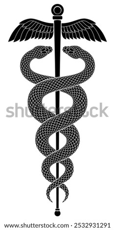 Two black snakes winding around winged staff in shape of Caduceus sign. Tattoo design of serpents and wand with two winglets joined as symbol of commerce or medicine. Isolated vector illustration.