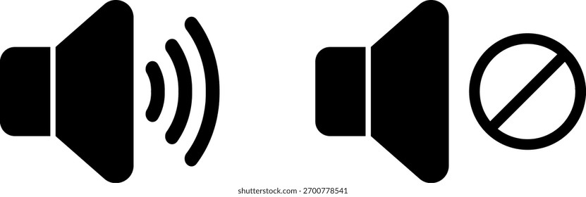 Dois ícones de alto-falante preto. Um mostra ondas sonoras, o outro é silenciado com uma linha diagonal.