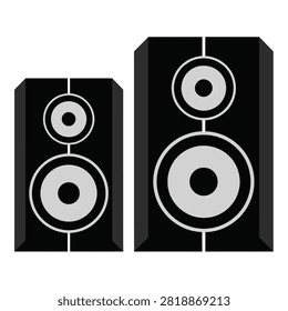 Two black speakers with white circles on front panel standing side by side on white background